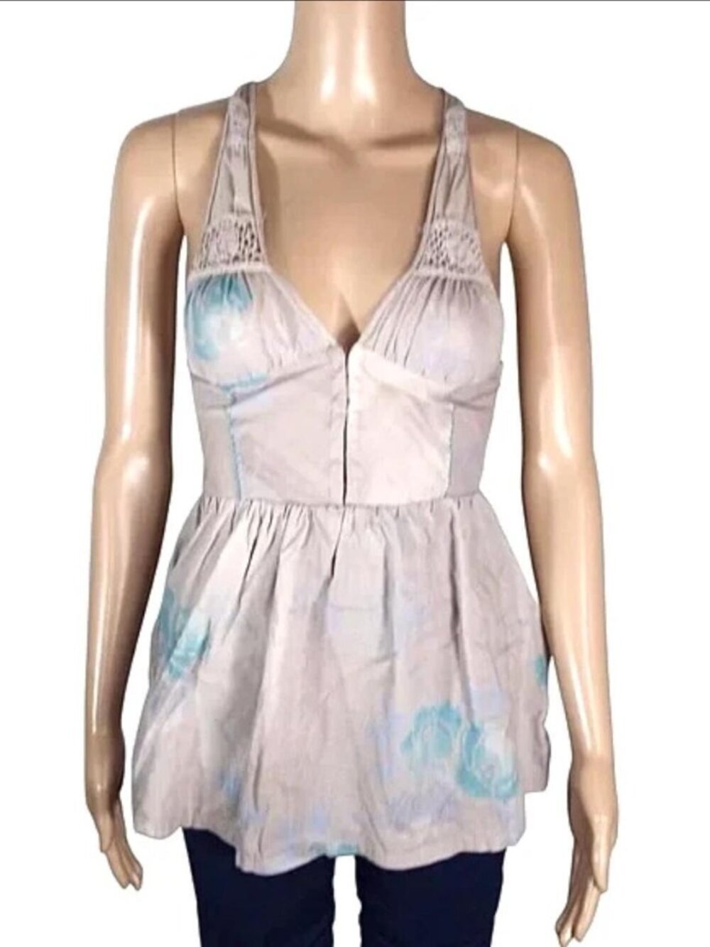 Vintage Free People Womens Top Size 0 Gray Boho Smocked Floral Lightweight